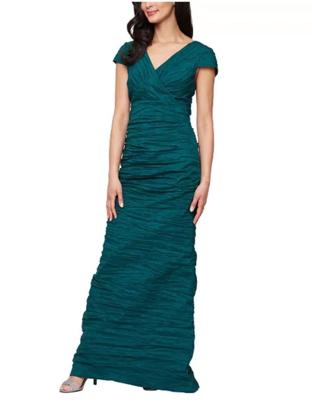 Alex Evenings Teal Ruched V-Neck Maxi Gown